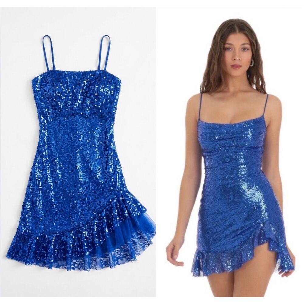 Lucy In The Sky Royal Blue Sequin Lace Up Ruffle Mini Dress XS